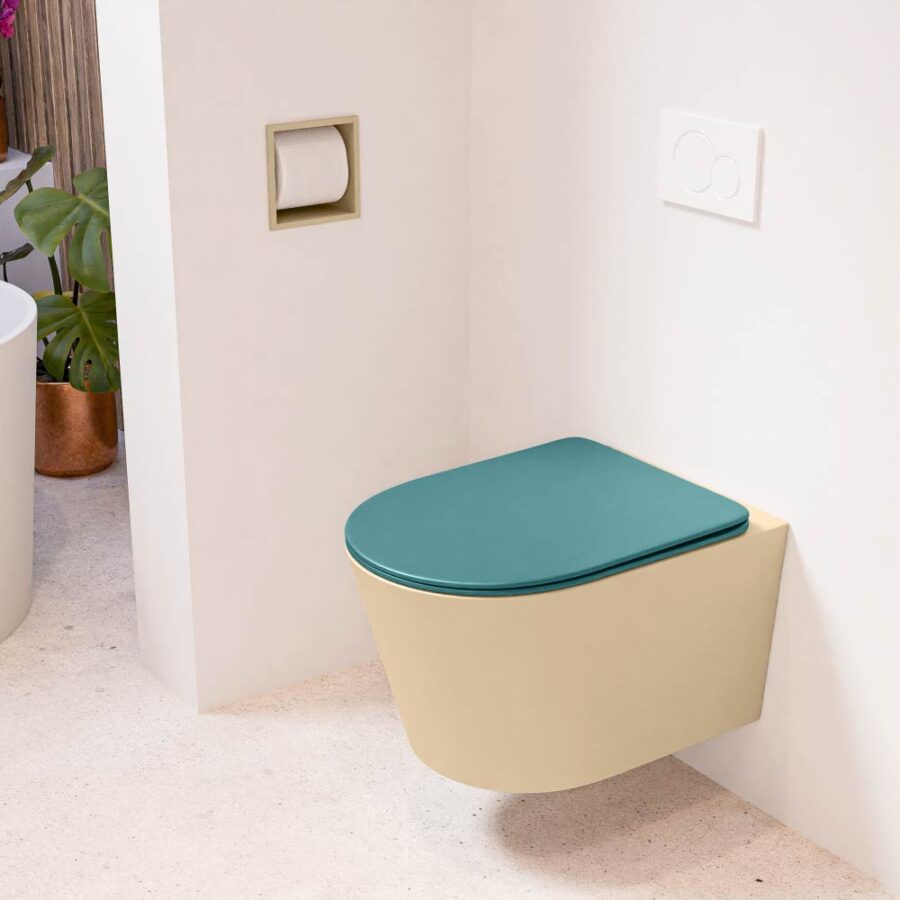 MONDIAZ LAVIE hangend toilet single fire rimless diepspoel Sand. Toiletzitting met quick-release & softclose Smag.