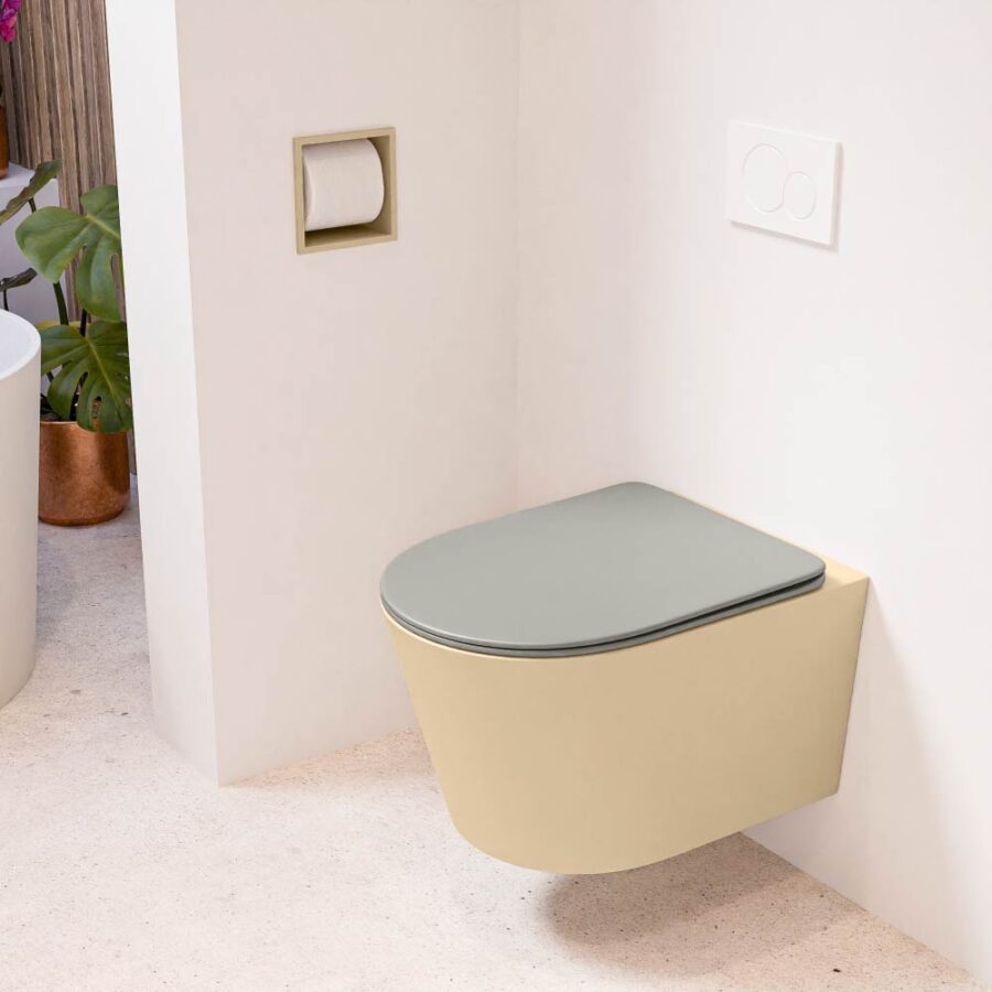 MONDIAZ LAVIE hangend toilet single fire rimless diepspoel Sand. Toiletzitting met quick-release & softclose Smoke.
