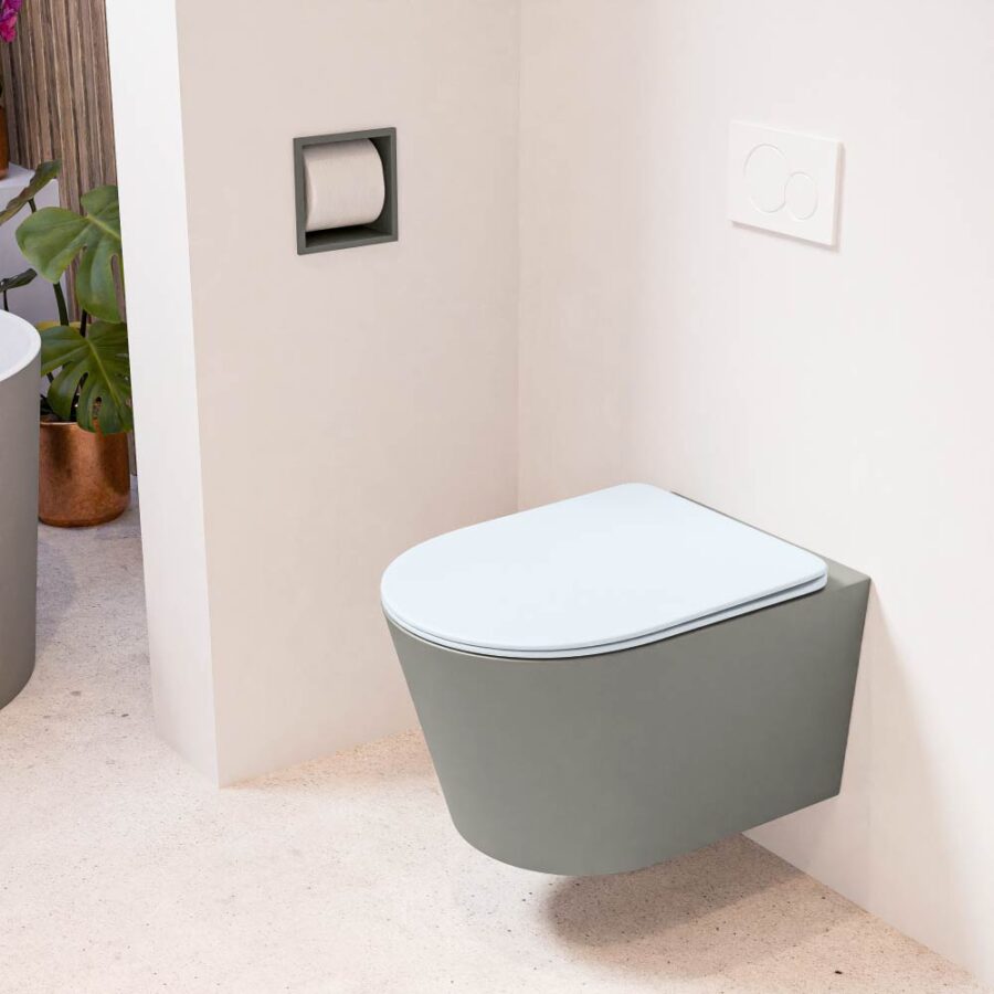 MONDIAZ LAVIE hangend toilet single fire rimless diepspoel Smoke. Toiletzitting met quick-release & softclose Clay.