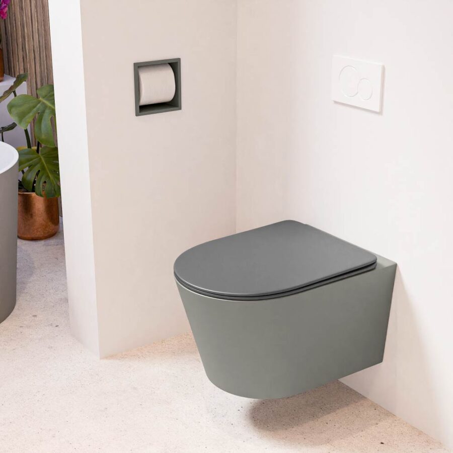 MONDIAZ LAVIE hangend toilet single fire rimless diepspoel Smoke. Toiletzitting met quick-release & softclose Dark Grey.