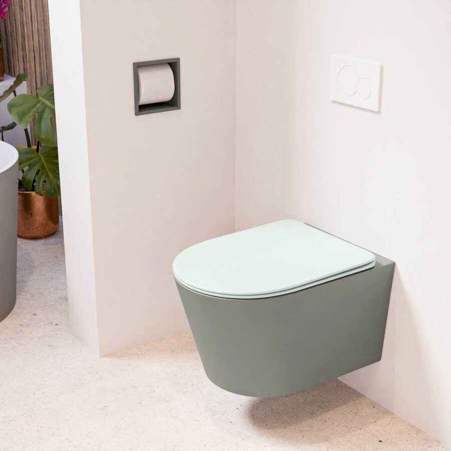 MONDIAZ LAVIE hangend toilet single fire rimless diepspoel Smoke. Toiletzitting met quick-release & softclose Greey.
