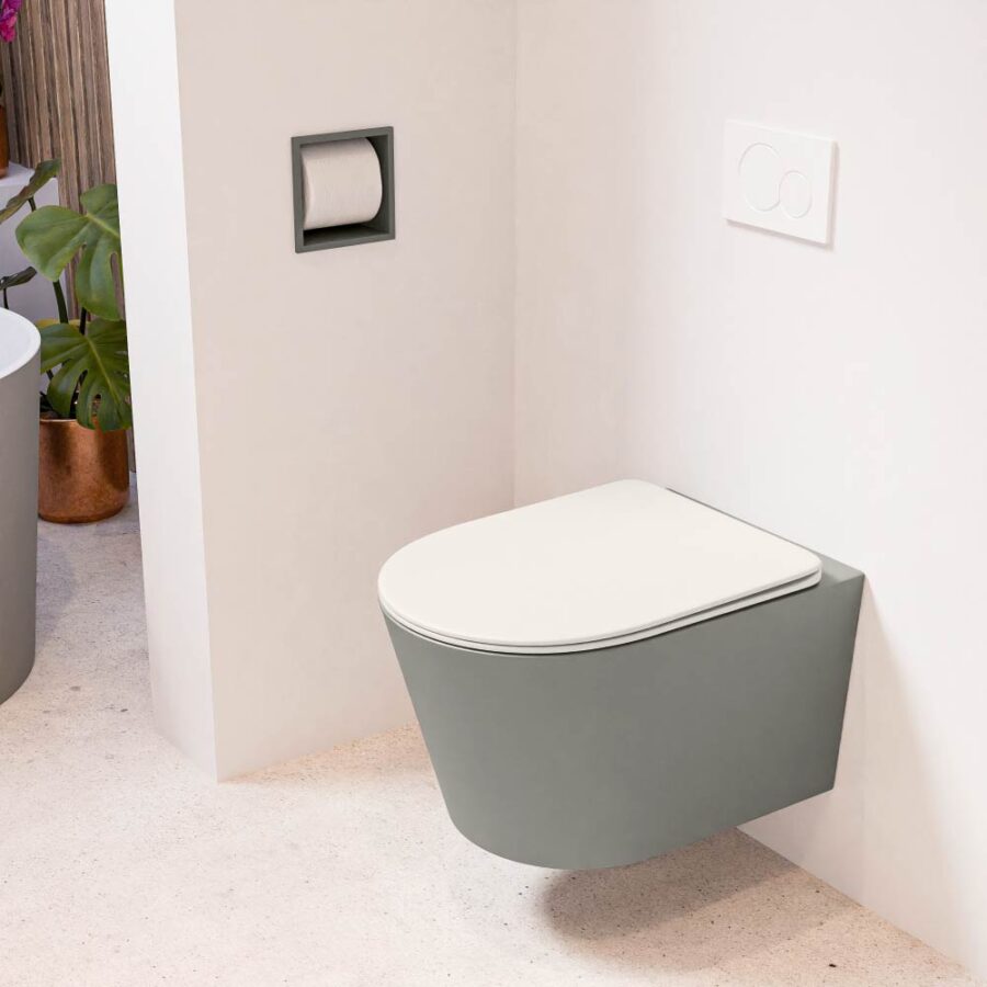 MONDIAZ LAVIE hangend toilet single fire rimless diepspoel Smoke. Toiletzitting met quick-release & softclose Linen.