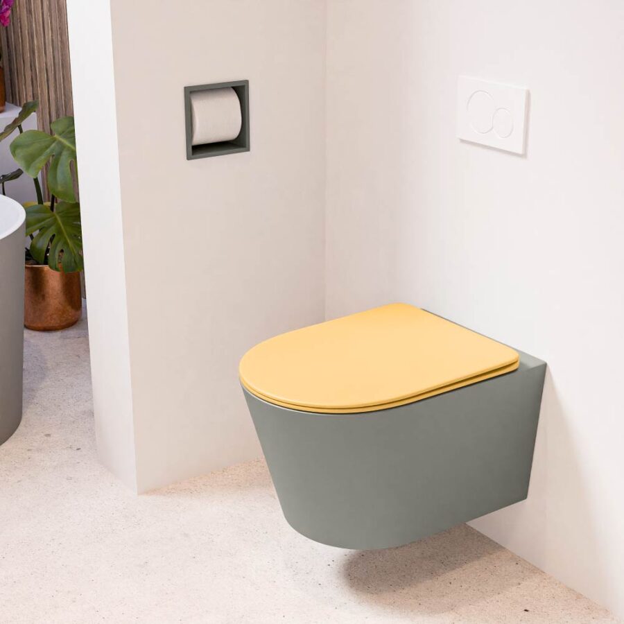 MONDIAZ LAVIE hangend toilet single fire rimless diepspoel Smoke. Toiletzitting met quick-release & softclose Ocher.
