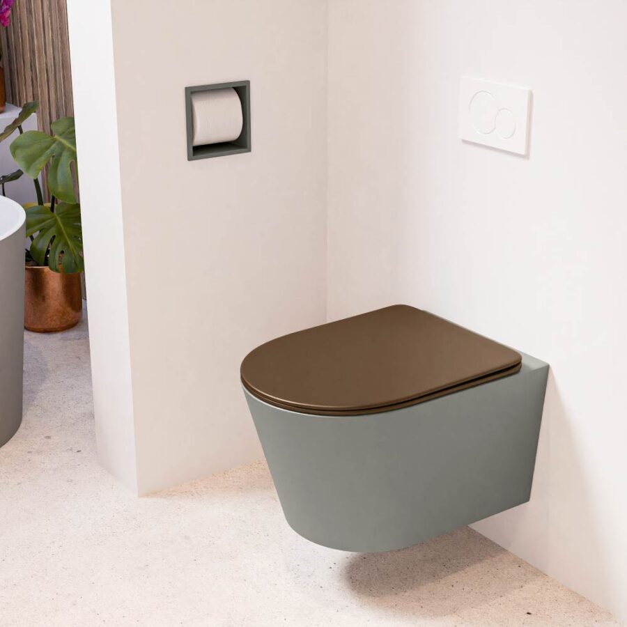MONDIAZ LAVIE hangend toilet single fire rimless diepspoel Smoke. Toiletzitting met quick-release & softclose Rust.