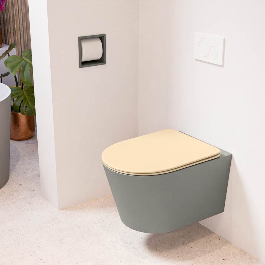 MONDIAZ LAVIE hangend toilet single fire rimless diepspoel Smoke. Toiletzitting met quick-release & softclose Sand.
