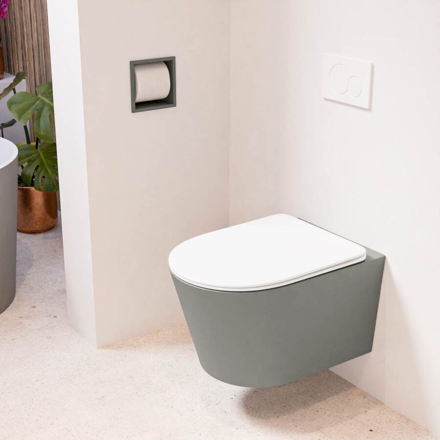MONDIAZ LAVIE hangend toilet single fire rimless diepspoel Smoke. Toiletzitting met quick-release & softclose Talc.