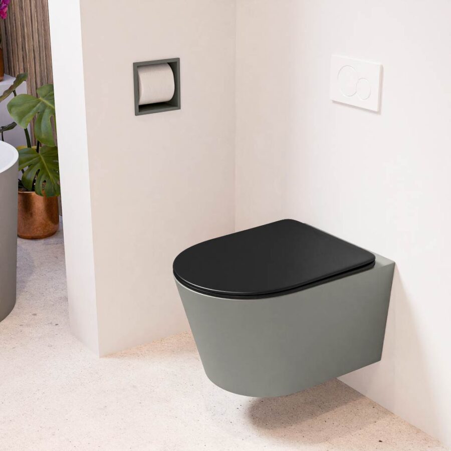 MONDIAZ LAVIE hangend toilet single fire rimless diepspoel Smoke. Toiletzitting met quick-release & softclose Urban.