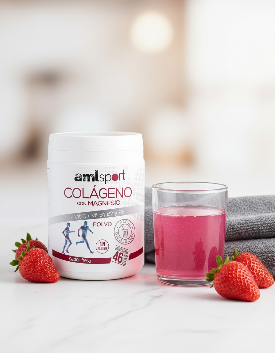 Amlsport COLLAGEN WITH MAGNESIUM + VIT.C + VIT.B1.B2.B6 strawberry flavor pol 350 gr - Afbeelding 2