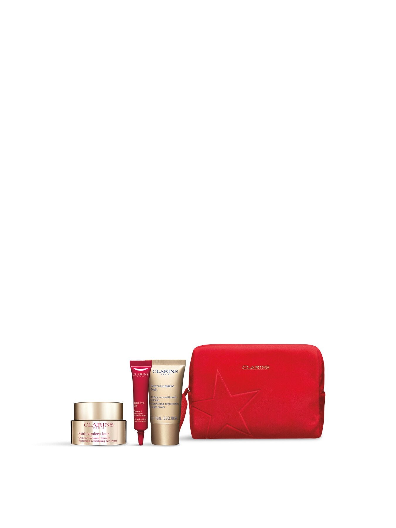 Clarins Nutri-Lumière Geschenkset 50ml Nourishing Dagcrème + 7ml Total Eye Lift + 15ml Nourishing Nachtcrème + 0.9ml Double Serum + Tasje