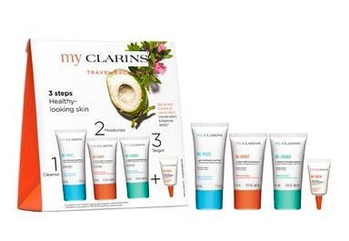 Clarins Grab And Go Geschenkset 30ml Reinigingsgel + 15ml Reboost Crème + 15ml Recharge Masker + 3ml Oogbehandeling