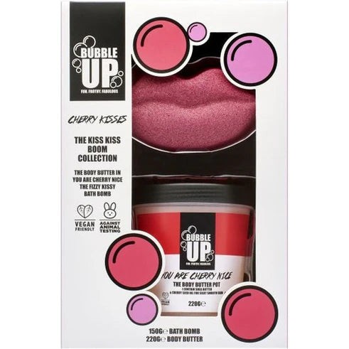Bubble Up Kiss Kiss Boom Geschenkset 150g Fizzy Kissy Bruisbal + 200g Cherry Nice Body Butter