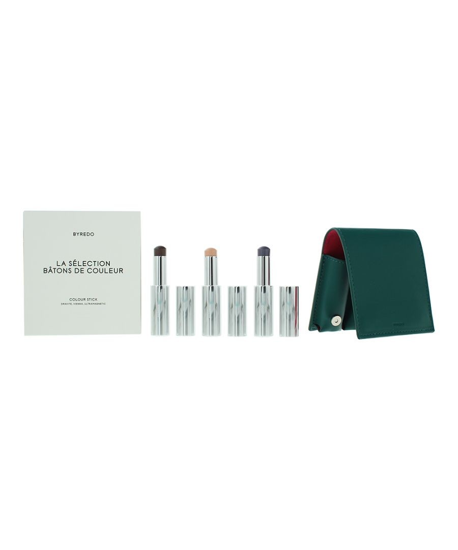 Byredo Dark Deep Teal Colour Stick Geschenkset 3g Solar Flare + 3g Flower Play + 3g Kumato + Leren Hoesje