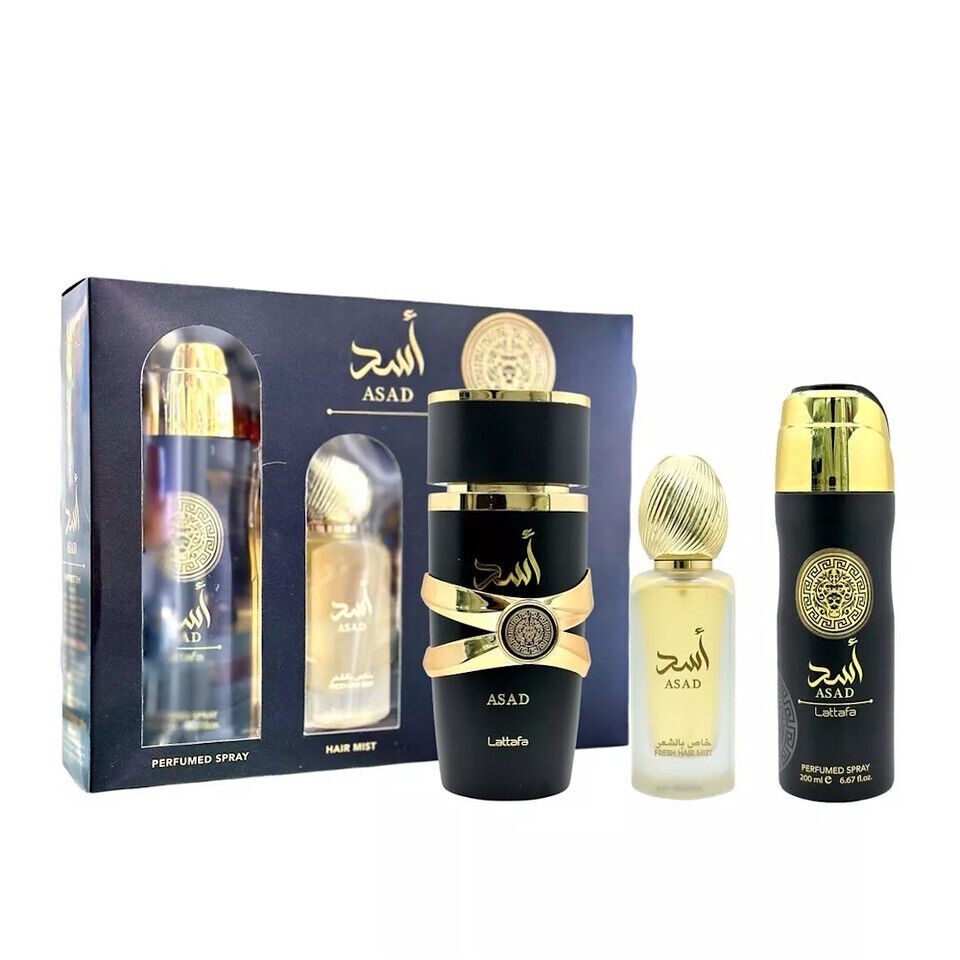 Lattafa Perfumes Asad Geschenkset 100ml EDP + 200ml Perfume Spray + 300ml Luchtverfrisser