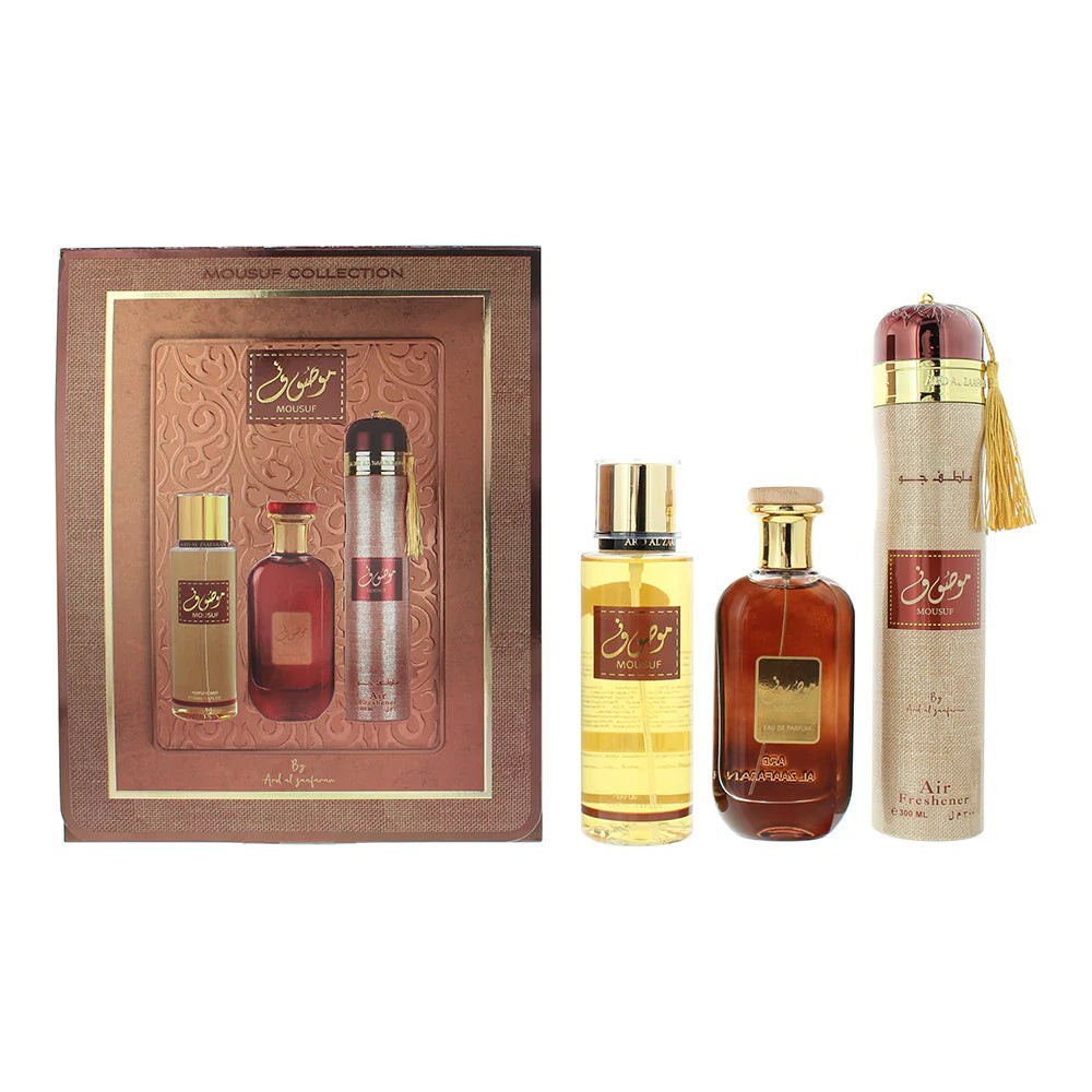 Ard Al Zaafaran Mousuf Geschenkset 100ml EDP + 250ml Body Mist + 300ml Luchtverfrisser