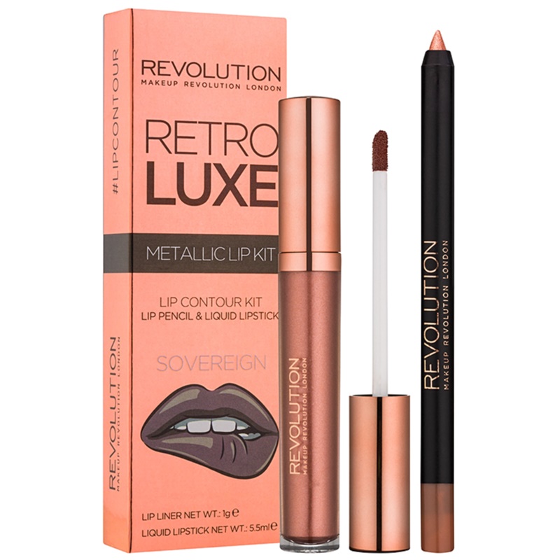 Makeup Revolution Retro Luxe Metallic Lip Kit 1g Lip Pencil + 5.5ml Liquid Lipstick - Sovereign