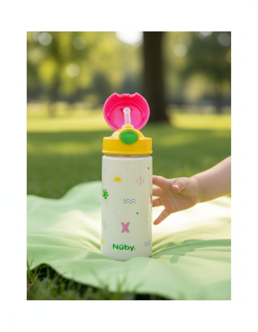 NÛby MUG with button and soft straw #surf pink 540 ml 1 u - Afbeelding 2