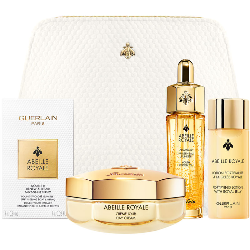 Guerlain Abeille Royale Geschenkset 50ml Dagcrème + 15ml Youth Watery Oil + 40ml Fortifying Lotion + 7 x 0.6ml Double R Renew & Repair Serum + Tasje