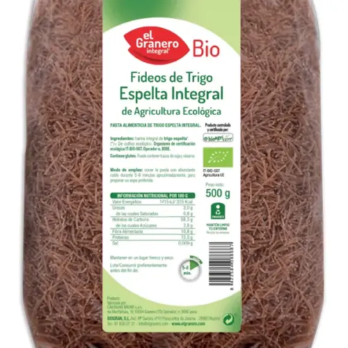 Granero Fideos Finos Espelta Integral Bio 500g